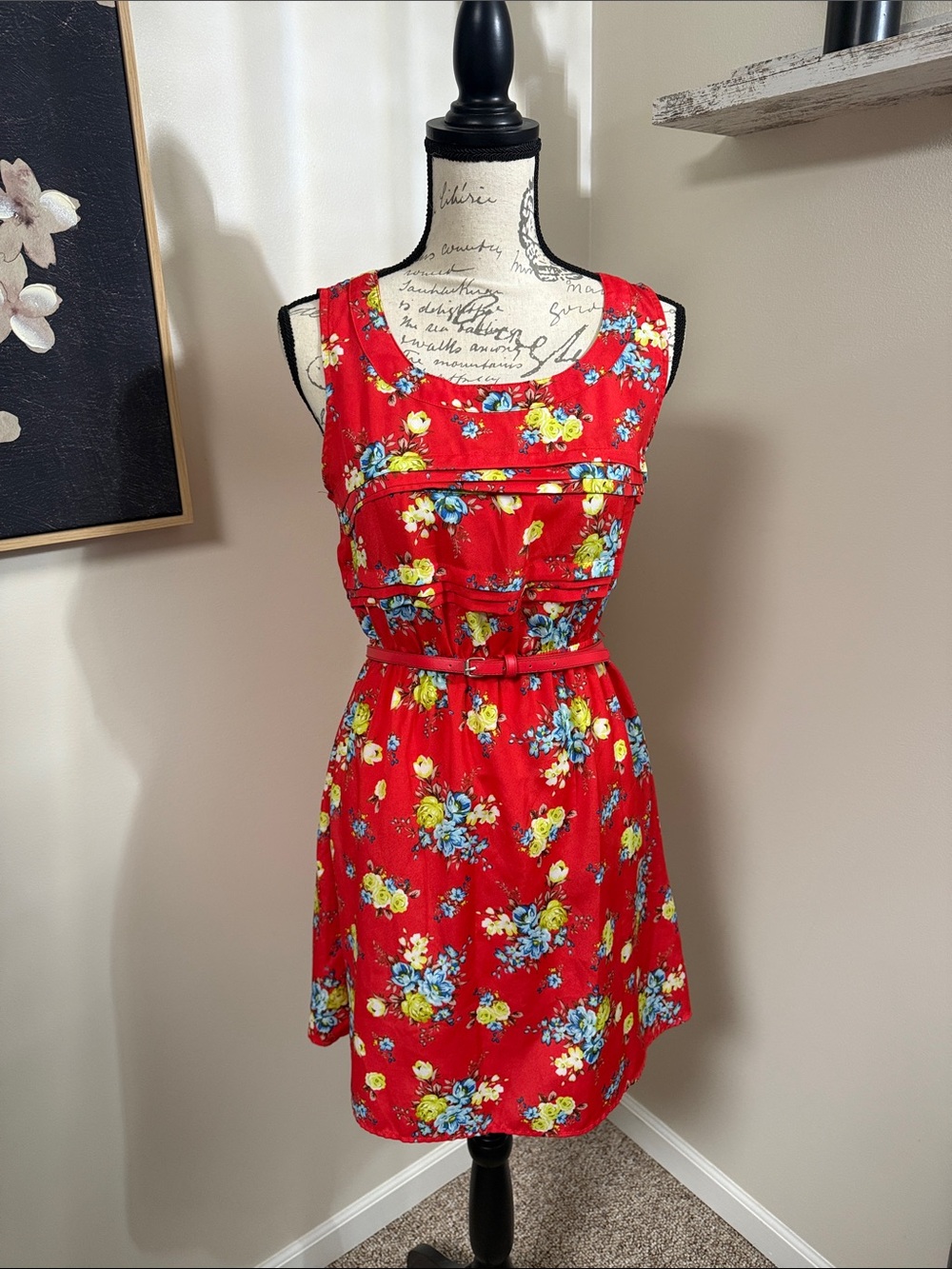 Xhilaration Red Floral Sleeveless Belted Dress